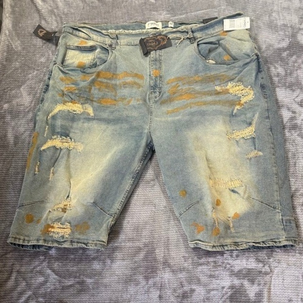 FWRD Denim Mens Distressed Jean Shorts Light Wash Gold Paint Splatter 52X14